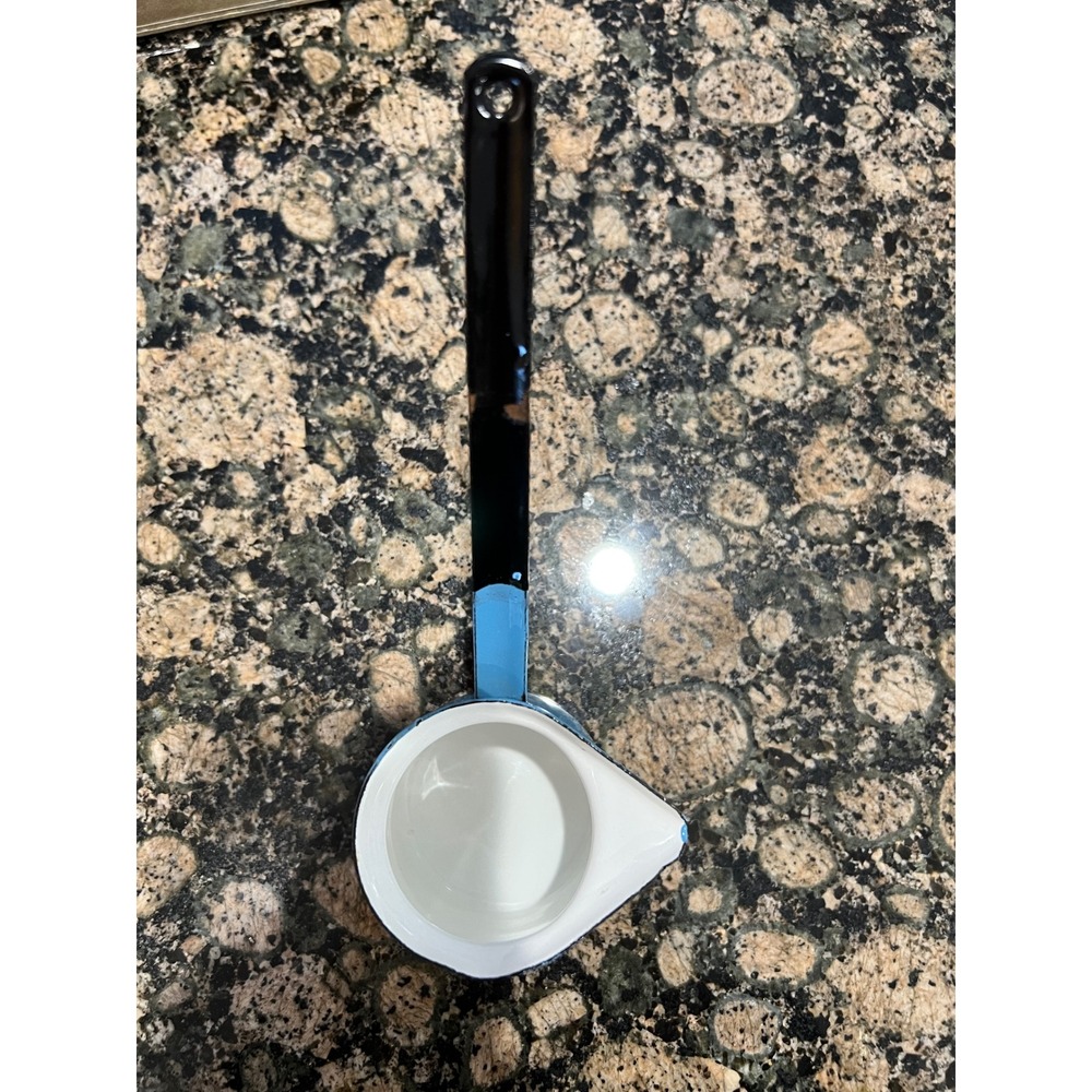 Vintage Blue Enamel Turkish Coffee Pot Butter Melter with Spout and Long Handle